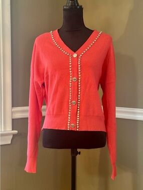 Crystal-Trim Coral V-Neck Cardigan Sweater